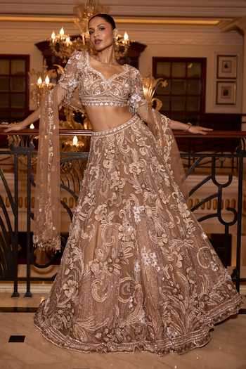 Buy_Opus Atelier_Gold Satin, Net, Viscose, Tulle Sweetheart Camellia 3d Embroidered Lehenga Set _at_Aza_Fashions