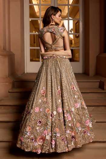 Shop_Opus Atelier_Pink Satin, Net, Viscose, Tulle Sweetheart Zinnia 3d Embroidered Lehenga Set _at_Aza_Fashions