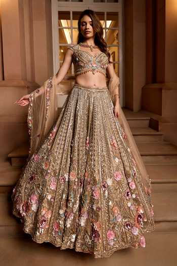 Buy_Opus Atelier_Pink Satin, Net, Viscose, Tulle Sweetheart Zinnia 3d Embroidered Lehenga Set _at_Aza_Fashions