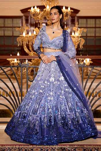 Buy_Opus Atelier_Blue Satin, Net, Viscose, Tulle Sweetheart Ombre Aster Embroidered Lehenga Set _at_Aza_Fashions