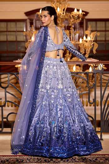 Shop_Opus Atelier_Blue Satin, Net, Viscose, Tulle Sweetheart Ombre Aster Embroidered Lehenga Set _at_Aza_Fashions