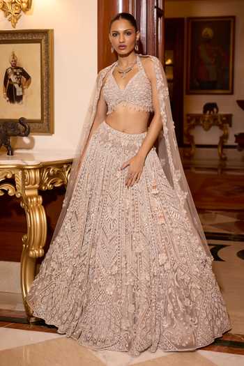 Buy_Opus Atelier_Pink Satin, Net, Viscose, Tulle Halter Neck Heather Embroidered Lehenga Set _at_Aza_Fashions