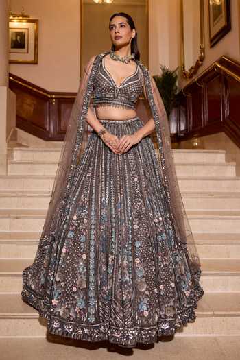 Shop_Opus Atelier_Blue Satin, Net, Viscose, Tulle V-neck Wisteria Embroidered Lehenga Set _Online_at_Aza_Fashions