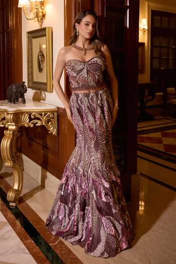 Buy_Opus Atelier_Purple Satin, Net, Viscose, Tulle Sweetheart Neck Cassia Fish Cut Lehenga Set _at_Aza_Fashions