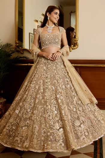Buy_Opus Atelier_Gold Satin, Net, Viscose, Tulle Square Neck Carmela Embroidered Lehenga Set _at_Aza_Fashions