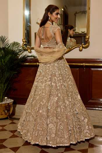 Shop_Opus Atelier_Gold Satin, Net, Viscose, Tulle Square Neck Carmela Embroidered Lehenga Set _at_Aza_Fashions