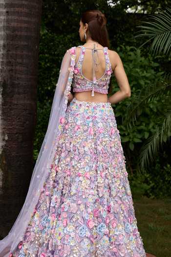 Shop_Opus Atelier_Pink Satin, Net, Viscose, Tulle Sweetheart Irina 3d Applique Work Lehenga Set _at_Aza_Fashions