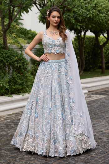 Buy_Opus Atelier_Blue Satin, Net, Viscose, Tulle Grace 3d Applique Embroidered Lehenga Set _at_Aza_Fashions
