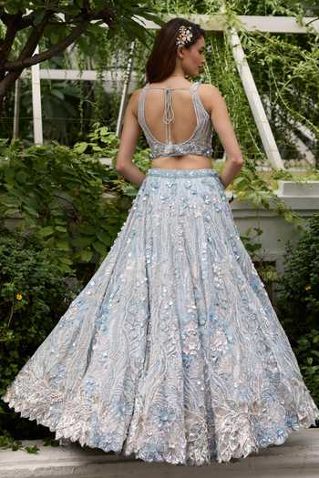 Shop_Opus Atelier_Blue Satin, Net, Viscose, Tulle Grace 3d Applique Embroidered Lehenga Set _at_Aza_Fashions