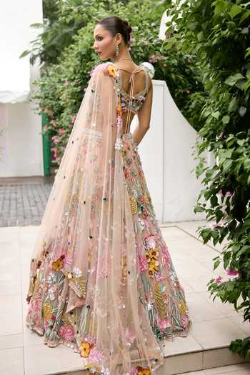 Shop_Opus Atelier_Multi Color Polyester, Mesh Square Neck Nicole 3d Embroidered Lehenga Set _at_Aza_Fashions