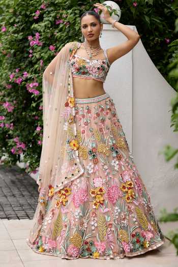 Buy_Opus Atelier_Multi Color Polyester, Mesh Square Neck Nicole 3d Embroidered Lehenga Set _at_Aza_Fashions