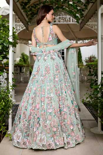 Shop_Opus Atelier_Pink Polyester, Mesh V-neck Wendy Embroidered Lehenga Set _at_Aza_Fashions