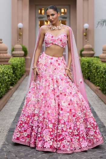 Buy_Opus Atelier_Pink Satin, Net, Viscose, Tulle Sweetheart Ombre Rosita Embroidered Lehenga Set _at_Aza_Fashions