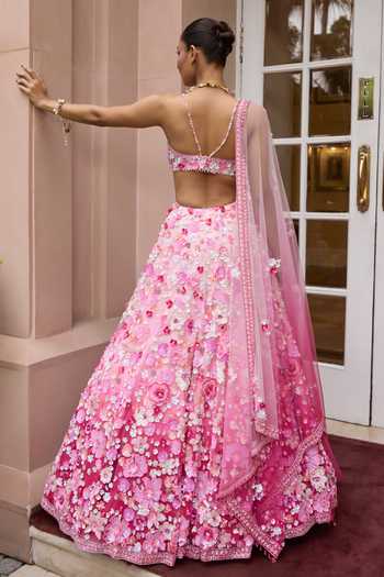 Shop_Opus Atelier_Pink Satin, Net, Viscose, Tulle Sweetheart Ombre Rosita Embroidered Lehenga Set _at_Aza_Fashions