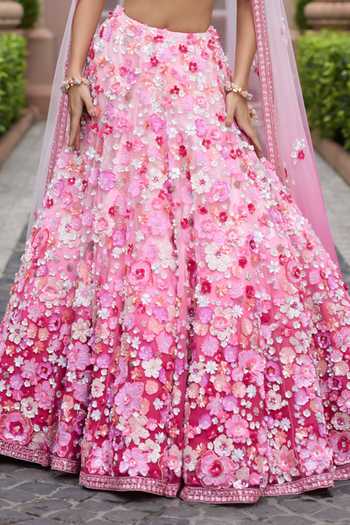 Opus Atelier_Pink Satin, Net, Viscose, Tulle Sweetheart Ombre Rosita Embroidered Lehenga Set _Online