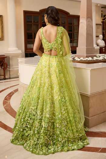 Shop_Opus Atelier_Green Mesh Sweetheart Neck Ombre Stella Embroidered Lehenga Set _at_Aza_Fashions