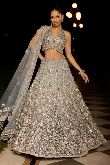 Buy_Opus Atelier_Blue Satin, Net, Viscose, Tulle V-neck Ombre Luna Embroidered Lehenga Set _at_Aza_Fashions