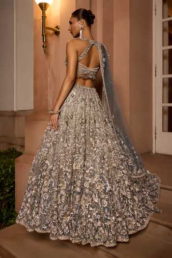 Shop_Opus Atelier_Blue Satin, Net, Viscose, Tulle V-neck Ombre Luna Embroidered Lehenga Set _at_Aza_Fashions