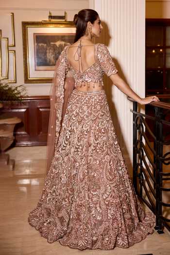 Shop_Opus Atelier_Gold Satin, Net, Viscose, Tulle Sweetheart Neck Nora Embroidered Lehenga Set _at_Aza_Fashions