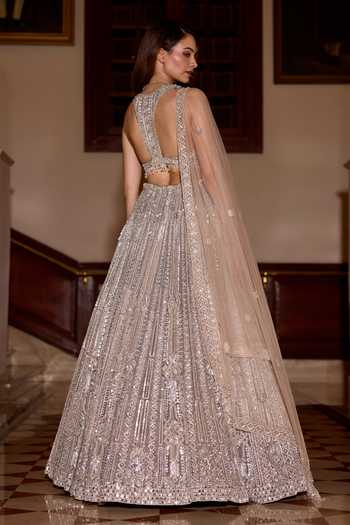Shop_Opus Atelier_Silver Satin, Net, Viscose, Tulle V-neck Winter Embroidered Lehenga Set _at_Aza_Fashions