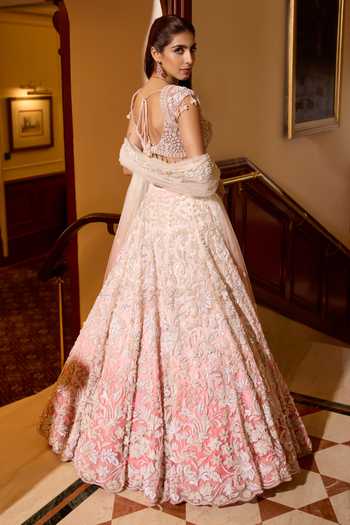 Shop_Opus Atelier_Pink Silk, Polyester, Mesh Square Neck Ombre Rosalie Embroidered Lehenga Set _at_Aza_Fashions