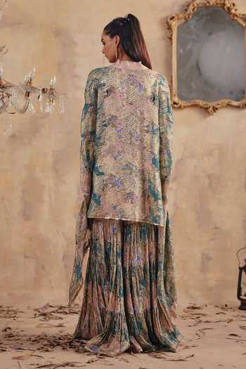 Shop_Ajiesh Oberoi_Multi Color Georgette, Lurex V-neck Zarina Printed Kaftan And Sharara Set _at_Aza_Fashions