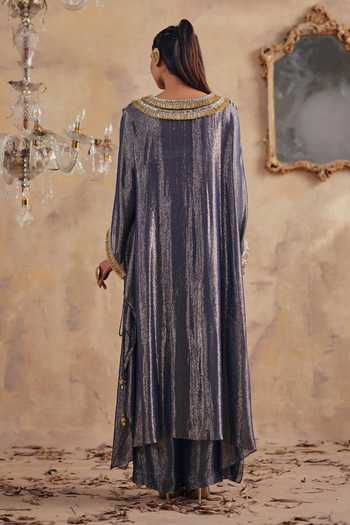 Shop_Ajiesh Oberoi_Gold Georgette, Lurex V-neck Chhavi Premium Kaftan And Pant Set _at_Aza_Fashions