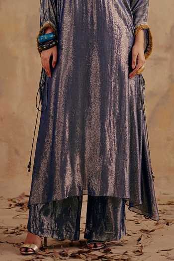 Buy_Ajiesh Oberoi_Gold Georgette, Lurex V-neck Chhavi Premium Kaftan And Pant Set _Online_at_Aza_Fashions