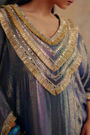 Ajiesh Oberoi_Gold Georgette, Lurex V-neck Chhavi Premium Kaftan And Pant Set _at_Aza_Fashions