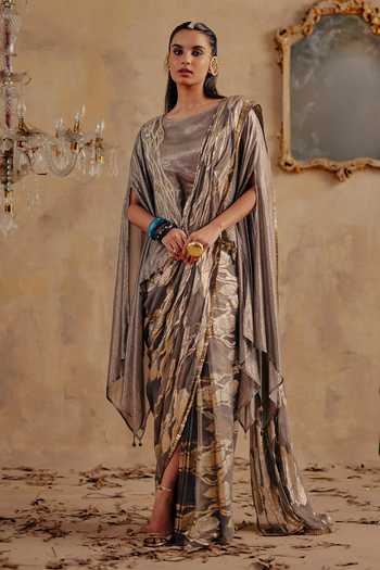 Buy_Ajiesh Oberoi_Gold Georgette, Jacquard, Lurex Round Neck Ruhani Pre-draped Saree And Top Set _at_Aza_Fashions