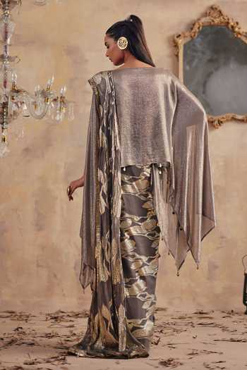 Shop_Ajiesh Oberoi_Gold Georgette, Jacquard, Lurex Round Neck Ruhani Pre-draped Saree And Top Set _at_Aza_Fashions