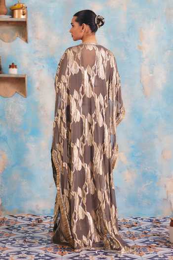 Shop_Ajiesh Oberoi_Gold Georgette, Jacquard, Lurex Sweetheart Rangsaaz Sleeveless Dress And Cape Set _at_Aza_Fashions