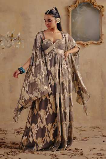 Buy_Ajiesh Oberoi_Gold Georgette, Jacquard, Lurex Sweetheart Rangsaaz Sleeveless Dress And Cape Set _at_Aza_Fashions