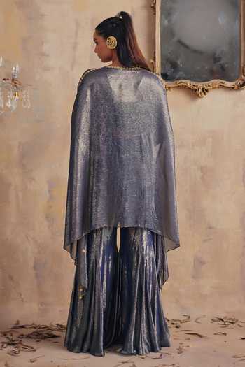 Shop_Ajiesh Oberoi_Blue Georgette, Lurex Open , Square Kanak Premium Jacket Set _at_Aza_Fashions