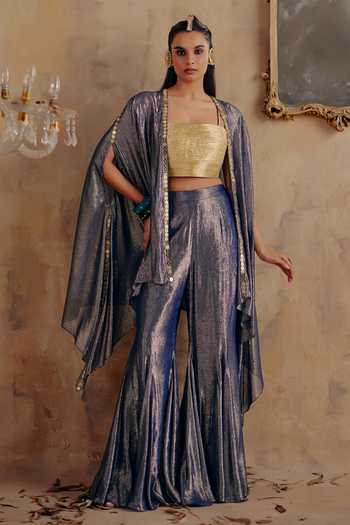 Buy_Ajiesh Oberoi_Blue Georgette, Lurex Open , Square Kanak Premium Jacket Set _at_Aza_Fashions