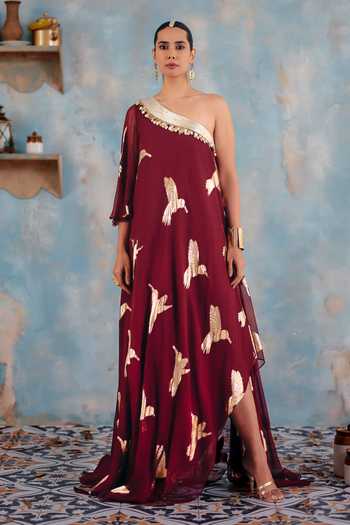 Buy_Ajiesh Oberoi_Maroon Georgette, Jacquard, Lurex One Shoulder Rangrez Maxi Dress _at_Aza_Fashions