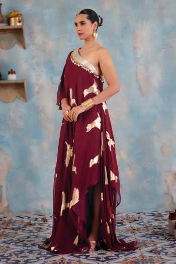 Buy_Ajiesh Oberoi_Maroon Georgette, Jacquard, Lurex One Shoulder Rangrez Maxi Dress _Online_at_Aza_Fashions