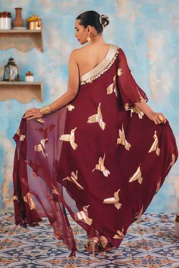 Shop_Ajiesh Oberoi_Maroon Georgette, Jacquard, Lurex One Shoulder Rangrez Maxi Dress _at_Aza_Fashions