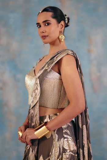Shop_Ajiesh Oberoi_Gold Georgette, Jacquard, Lurex Aashi Pre-draped Metallic Pattern Saree And Blouse _Online_at_Aza_Fashions