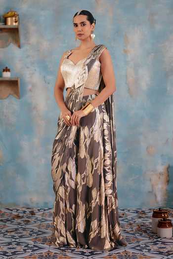 Shop_Ajiesh Oberoi_Gold Georgette, Jacquard, Lurex Aashi Pre-draped Metallic Pattern Saree And Blouse _at_Aza_Fashions
