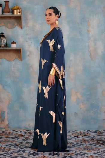 Shop_Ajiesh Oberoi_Navy Georgette, Jacquard, Lurex V-neck Inara Kaftan _at_Aza_Fashions