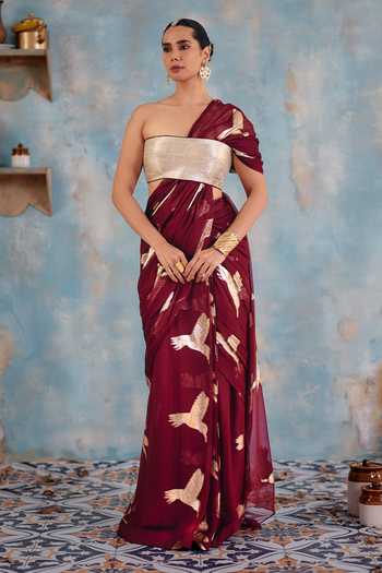 Shop_Ajiesh Oberoi_Gold Georgette, Jacquard, Lurex Noor-e-amber Pre-draped Saree And Blouse Set _Online_at_Aza_Fashions