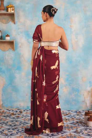 Shop_Ajiesh Oberoi_Gold Georgette, Jacquard, Lurex Noor-e-amber Pre-draped Saree And Blouse Set _at_Aza_Fashions