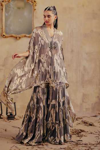 Shop_Ajiesh Oberoi_Gold Georgette, Jacquard, Lurex Sofia Metallic Pattern Kurta Flared Pant Set _at_Aza_Fashions