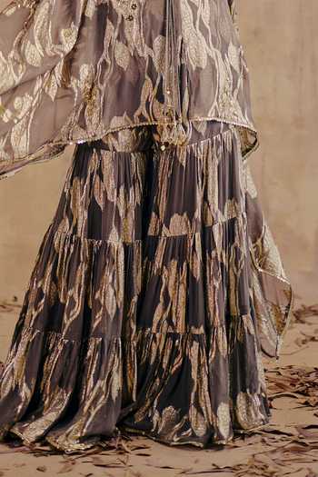 Ajiesh Oberoi_Gold Georgette, Jacquard, Lurex Sofia Metallic Pattern Kurta Flared Pant Set _Online_at_Aza_Fashions