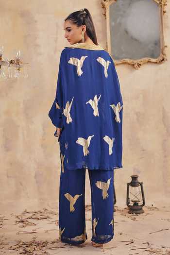 Shop_Ajiesh Oberoi_Blue Georgette, Lurex, Jacquard V-neck Shaffa Bird Pattern Shirt And Pant Set _at_Aza_Fashions