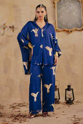 Buy_Ajiesh Oberoi_Blue Georgette, Lurex, Jacquard V-neck Shaffa Bird Pattern Shirt And Pant Set _at_Aza_Fashions