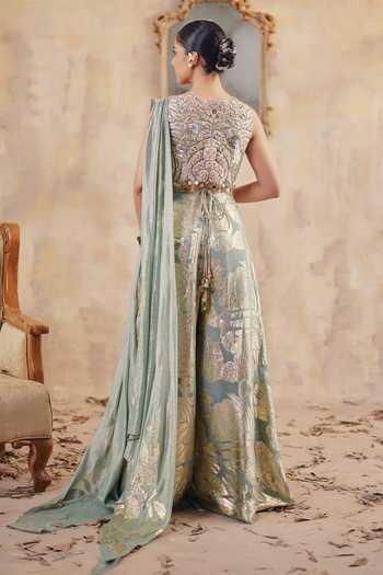 Shop_Ajiesh Oberoi_Gold Georgette, Jacquard, Lurex V-neck Kiyana Embroidered Top Pant Set _at_Aza_Fashions