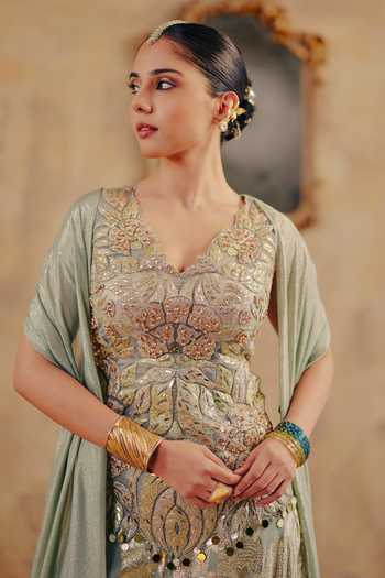 Buy_Ajiesh Oberoi_Gold Georgette, Jacquard, Lurex V-neck Kiyana Embroidered Top Pant Set _Online_at_Aza_Fashions