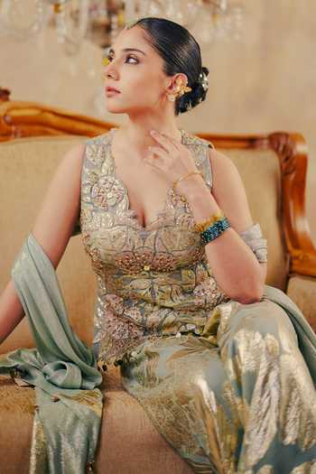 Ajiesh Oberoi_Gold Georgette, Jacquard, Lurex V-neck Kiyana Embroidered Top Pant Set _at_Aza_Fashions